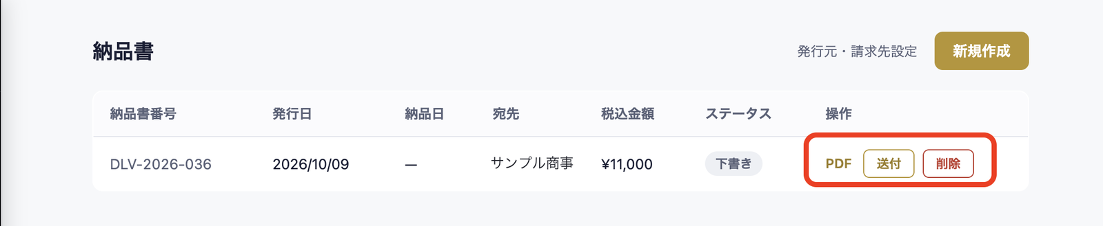 納品書の一覧。DLV-2026-036（サンプル商事・¥11,000・下書き）の行の操作欄（PDF・送付・削除）に赤い丸。