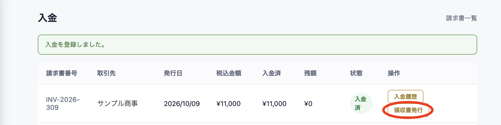 「入金を登録しました。」の表示。INV-2026-309の行が入金済・残額¥0になり、操作の「領収書発行」に赤い丸。