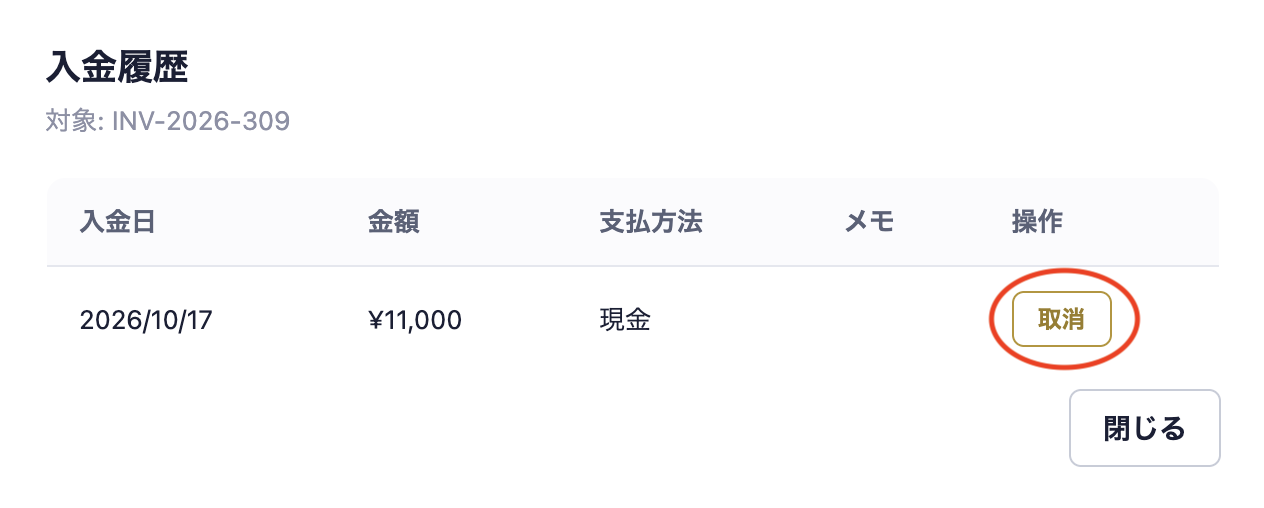 入金履歴の画面。入金日・金額・支払方法の行と、「取消」ボタン（赤い丸）、閉じるボタン。