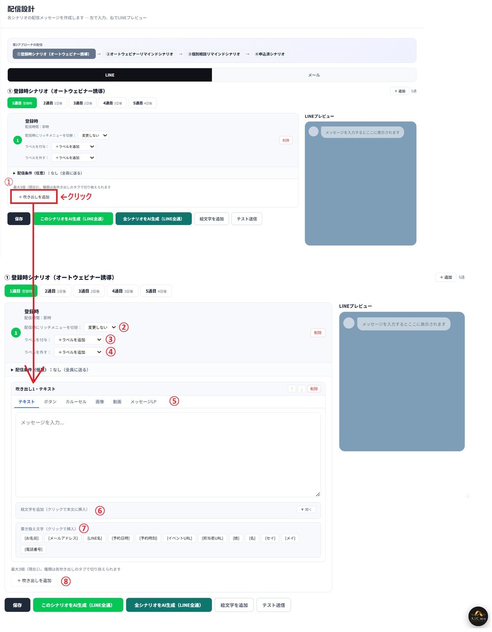 吹き出しを追加したあとの配信設計の画面。番号つきで、リッチメニューの切替、ラベルを付ける、ラベルを外す、配信形式のタブ、絵文字、置き換え文字、吹き出しを追加の各項目が示されている。