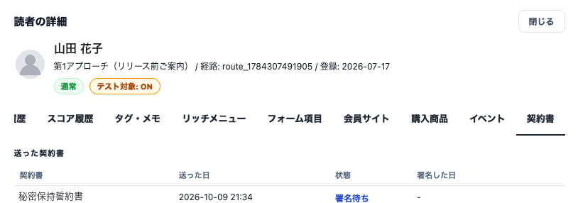 読者の詳細の画面。上に読者の名前と登録情報、タブの並びの中で「契約書」が選ばれ、下の「送った契約書」の一覧に契約書名・送った日・状態（署名待ち）・署名した日が表示されている。