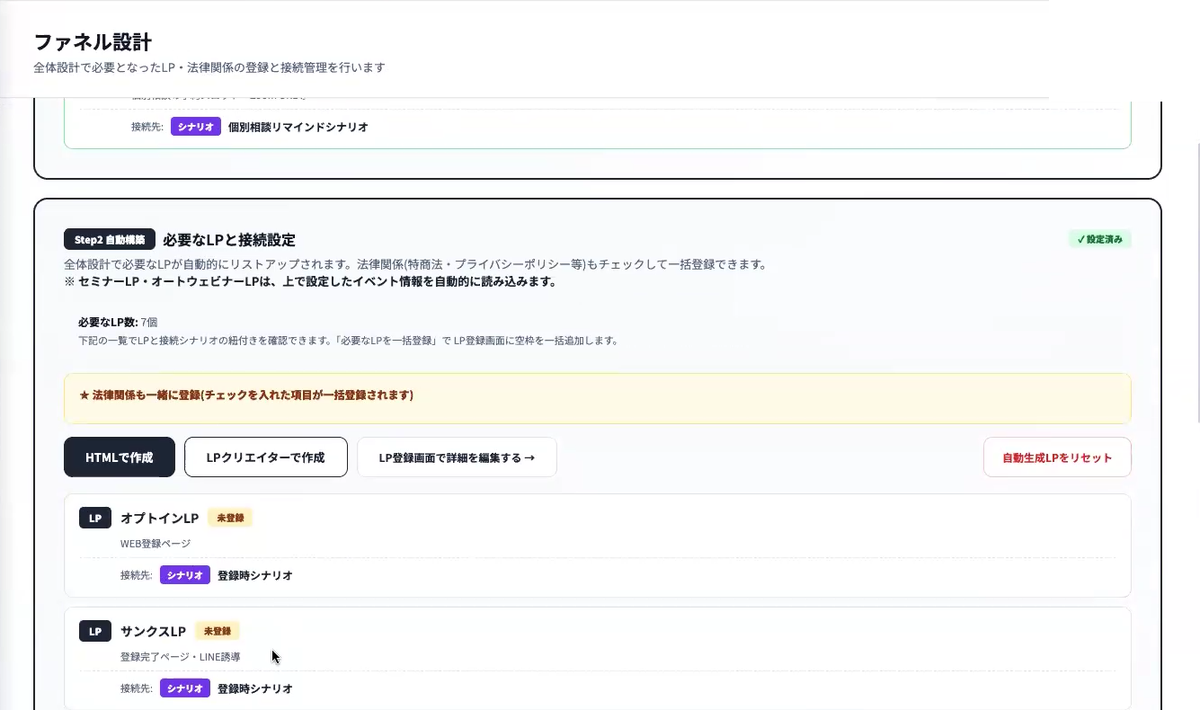 AiCmoプレダイマーケ部門のファネル設計。必要なLPの自動リストアップ。