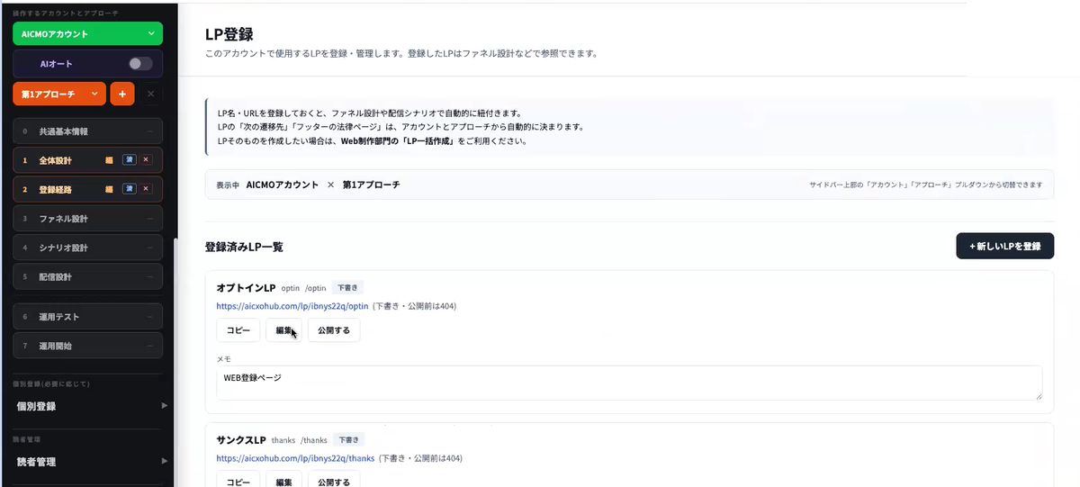 AiCmoプレダイマーケ部門のLP登録画面。登録済みLPの一覧。