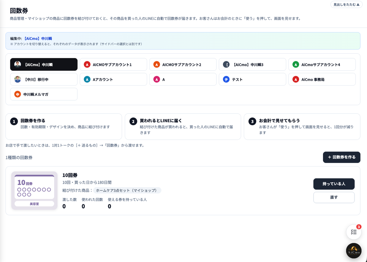 回数券の一覧。上に3つのステップの説明（回数券を作る・買われるとLINEに届く・お会計で見せてもらう）。10回券のカードに、10回・買った日から180日間、結び付けた商品、渡した数・使われた回数・使える券を持っている人と、持っている人・直すのボタン。
