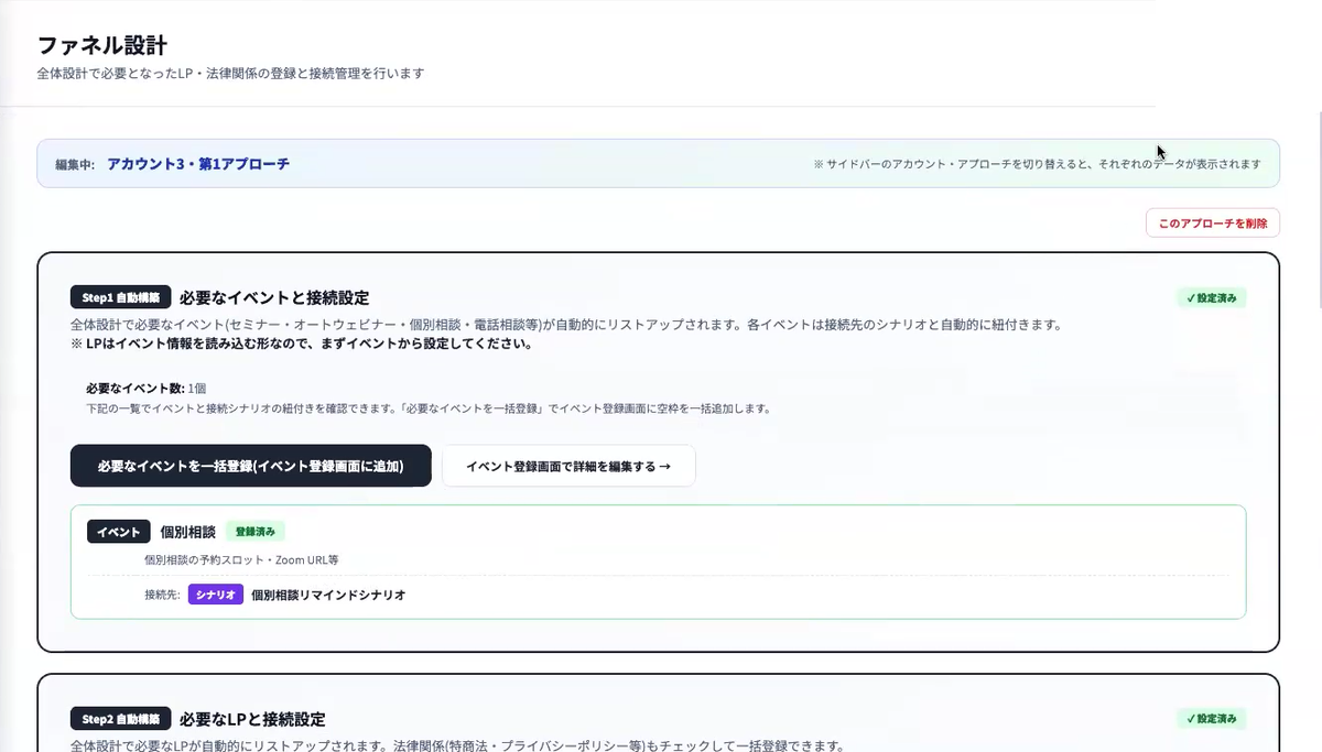 AiCmoプレダイマーケ部門のファネル設計画面。イベントとLPの登録。