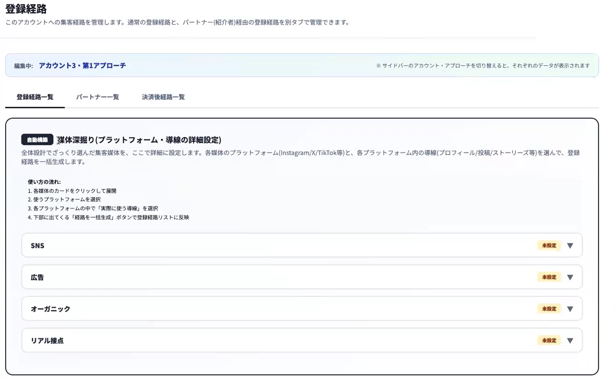 AiCmoプレダイマーケ部門の登録経路画面。集客経路の設定。