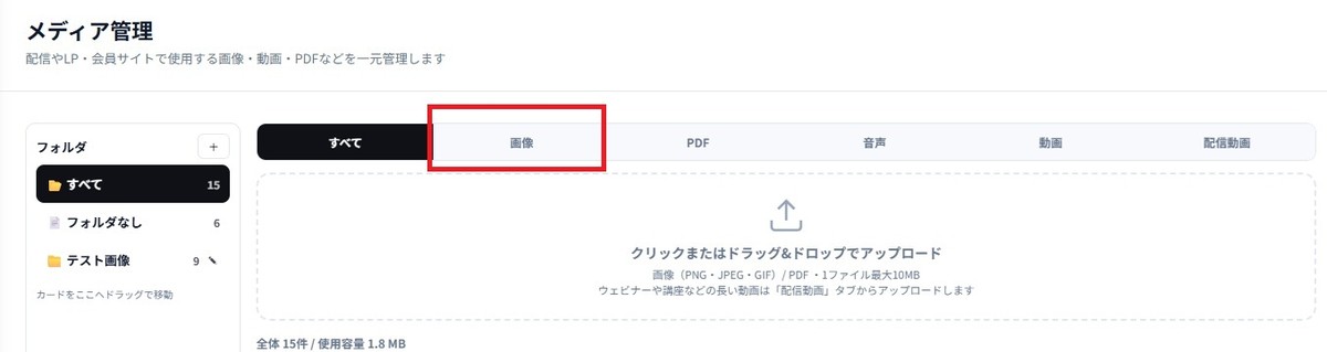 メディア管理の画面で、画像タブを赤枠で示している。