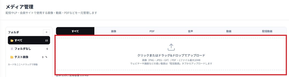 メディア管理のアップロード欄を赤枠で示している。