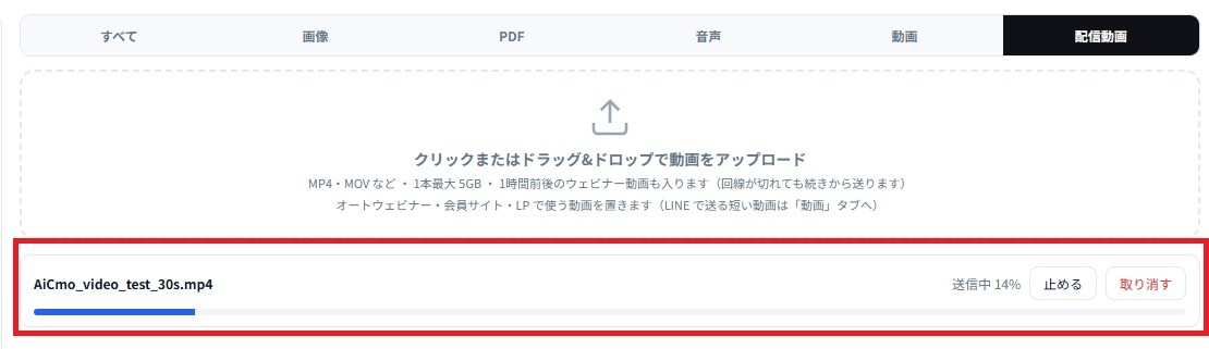 配信動画タブのアップロード中の表示。ファイル名、送信中14%、止める・取り消すのボタン、進み具合のバー（赤枠）。