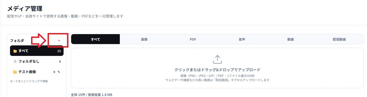 メディア管理の左上、フォルダの横にある＋ボタンを矢印と赤枠で示している。