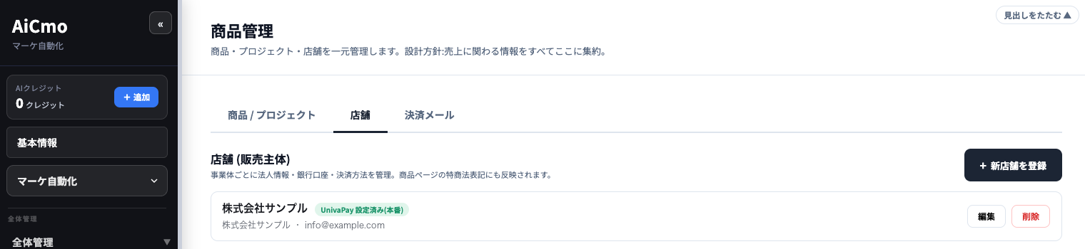 商品管理の店舗タブ。商品/プロジェクト・店舗・決済メールのタブ。店舗（販売主体）の一覧に、株式会社サンプル（UnivaPay設定済み（本番））と編集・削除のボタン、右上に「＋新店舗を登録」ボタン。