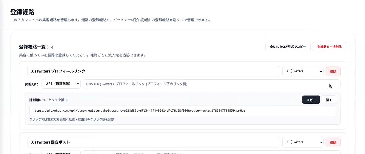 AiCmoプレダイマーケ部門の登録経路一覧。経路ごとの計測用URL。
