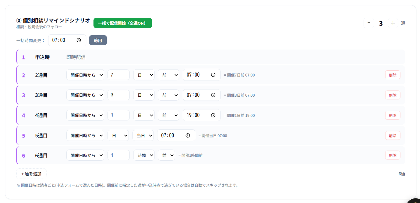 個別相談リマインドシナリオ。相談の開催日時を基準にした配信タイミングが並ぶ。