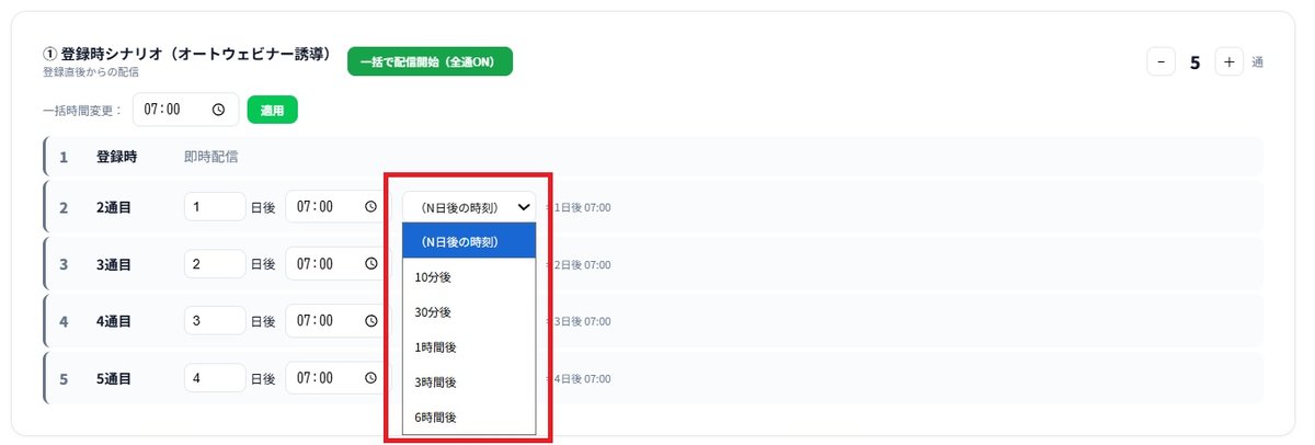 登録時シナリオの2通目のプルダウンを開いたところ。N日後の時刻、10分後、30分後、1時間後、3時間後、6時間後が選べる。