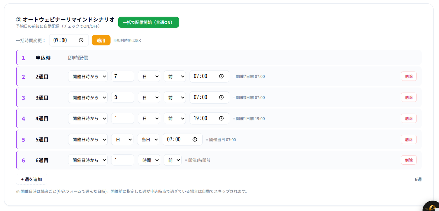 オートウェビナーリマインドシナリオ。開催日時から7日前・3日前・1日前・当日・1時間前に配信する設定が並ぶ。