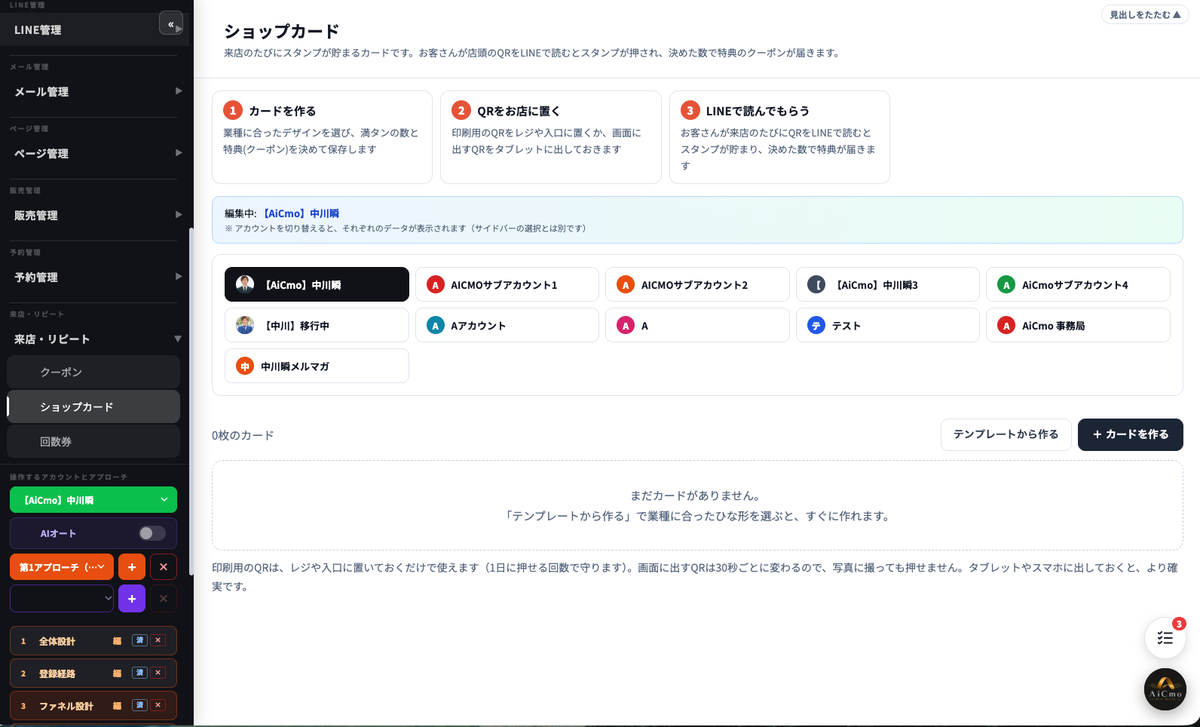 ショップカードの画面。左メニューの来店・リピートの中にクーポン・ショップカード・回数券。上に3つのステップの説明、編集中のアカウント、アカウントの切り替えボタン、テンプレートから作る・＋カードを作るのボタン。