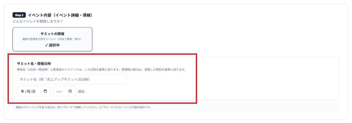 サミット名・開催日時の入力欄（赤枠）。サミット名、開催日のカレンダー、開始時刻の欄がある。