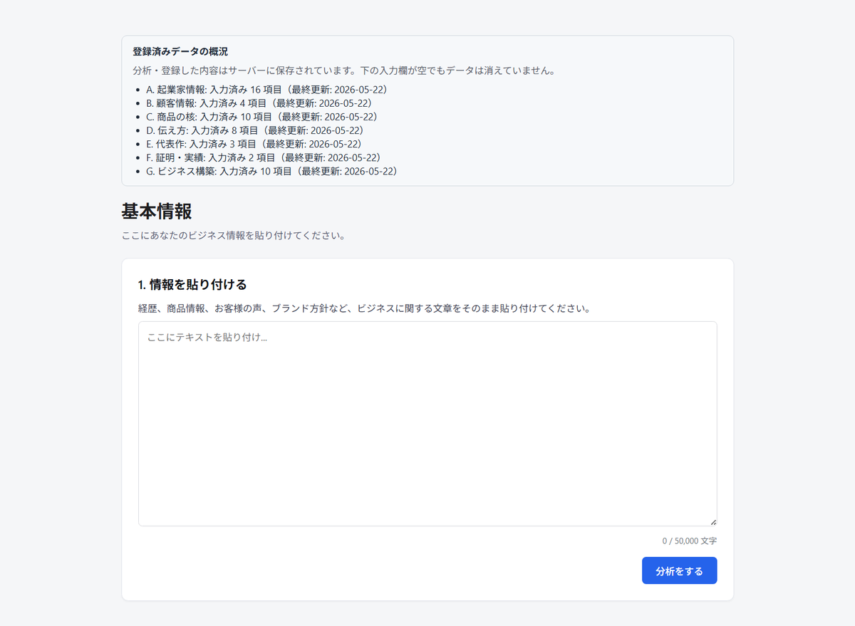 AiCmoの基本情報の画面。ビジネス情報を貼り付けて分析をする。